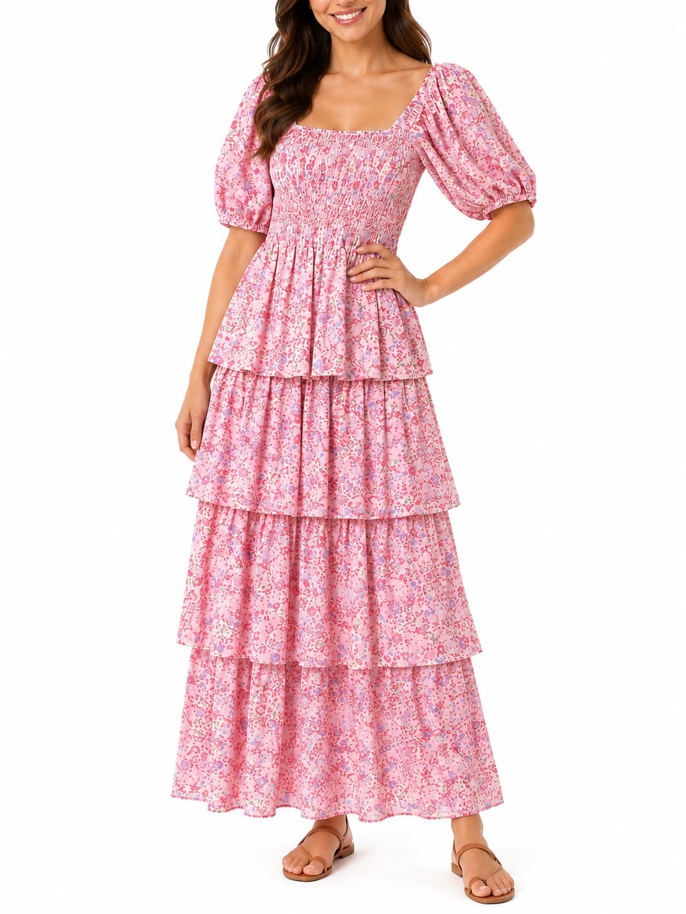 Entro Pink Floral Tiered Spring Maxi Dress – Women’s Size Large